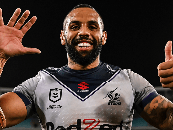 L’alièr de la Tempèsta de Melbourne, Josh Addo-Carr, mòstra sièis dets : ven de marcar sièis ensages dins la partida contra los Lapinons