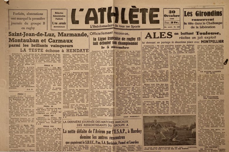 Lo setmanièr dels espòrts ‘L’Athlète’, publicat a Bordèu, del 30 d’octòbre de 1944, anóncia la represa del campionat de rugbi de XIII